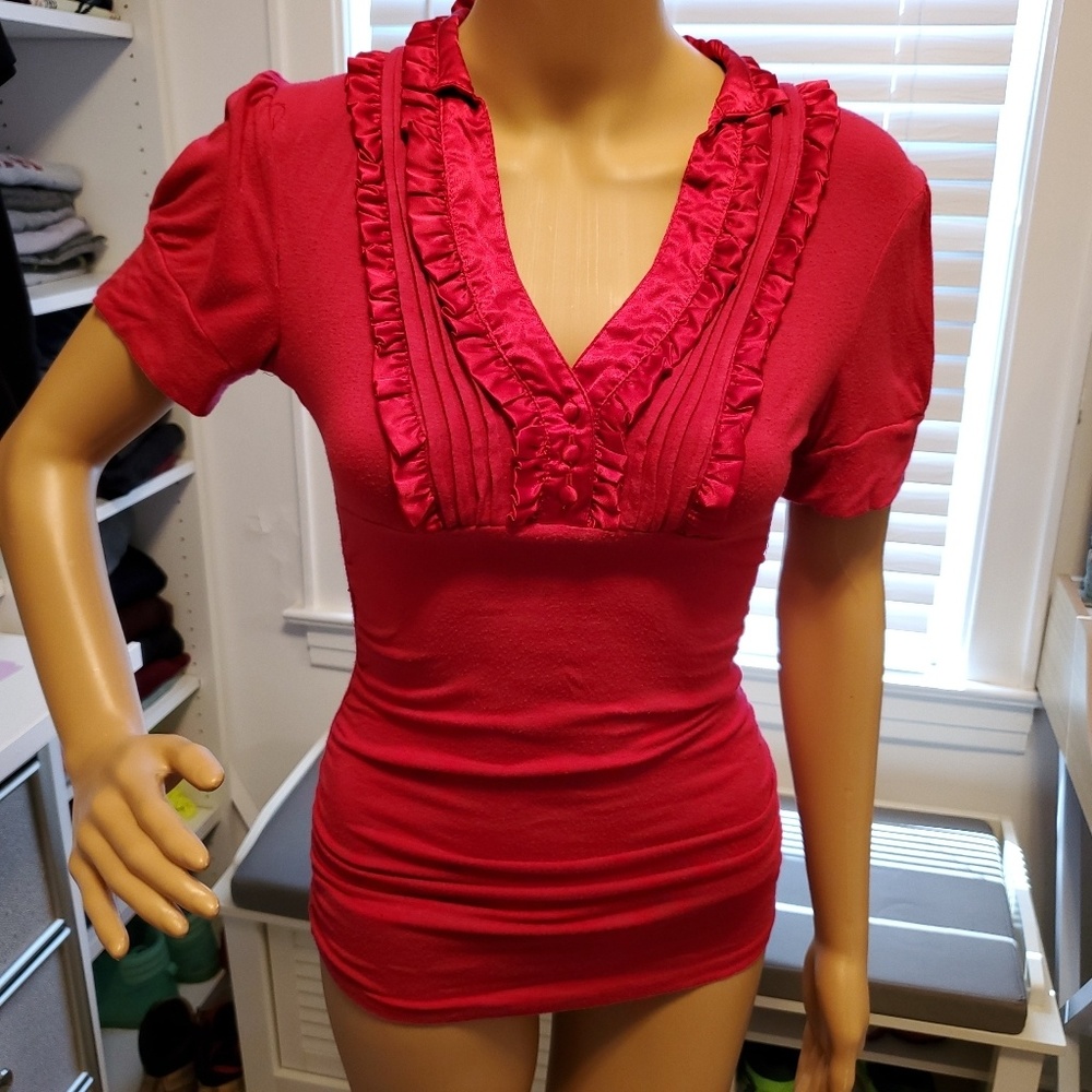 Red Ruffled V-Neck Women’s Top